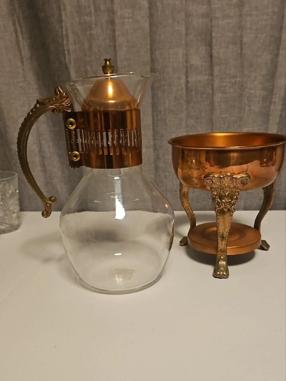 Princess House Copper-Tone Glass Coffee Carafe W/Server  Ornate Handle/Stand